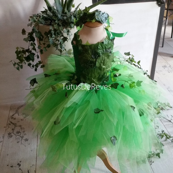 Robe tutu de fée verte, costume elfe de la forêt avec du lierre, cadeau fille, robe de fêtes.