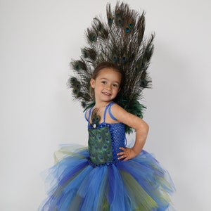 Une jeune fille porte un costume de paon. La robe présente un corsage bleu avec un motif de plumes de paon et une jupe en tulle bleue, verte et violette superposée. Un grand éventail de plumes de paon orne le dos.