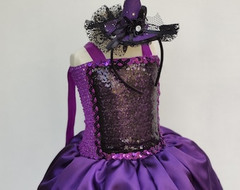 Child witch dress in satin and tulle, purple and black dress, Halloween disguise, carnival costume, birthday party