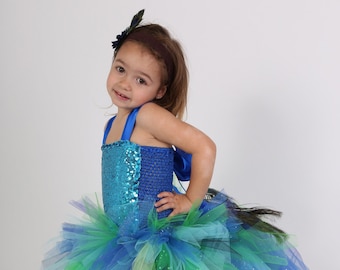 Déguisement enfant, robe tutu de paon  en tulle multicolore et tissu sequin, robe d'anniversaire, cadeau fille..