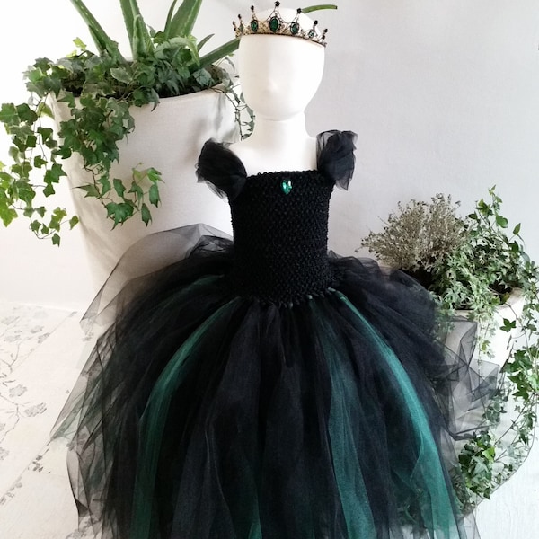 Robe tutu gothique noire et verte, robe enfant longueur cheville en tulle souple