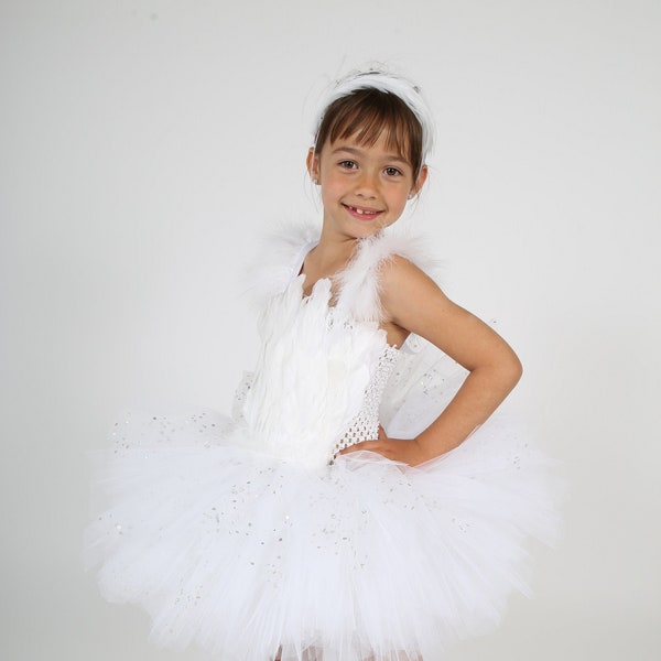 Déguisement enfant, robe tutu cygne blanc en plumes et tulle blanc, cadeau pour fille, robe d'anniversaire