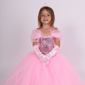 Prinzessinnenkleid, langes rosa Tüllkleid und Prinzessinnen-Diadem; Weihnachtsgeschenk, Geburtstagskleid, Karnevalskostüm