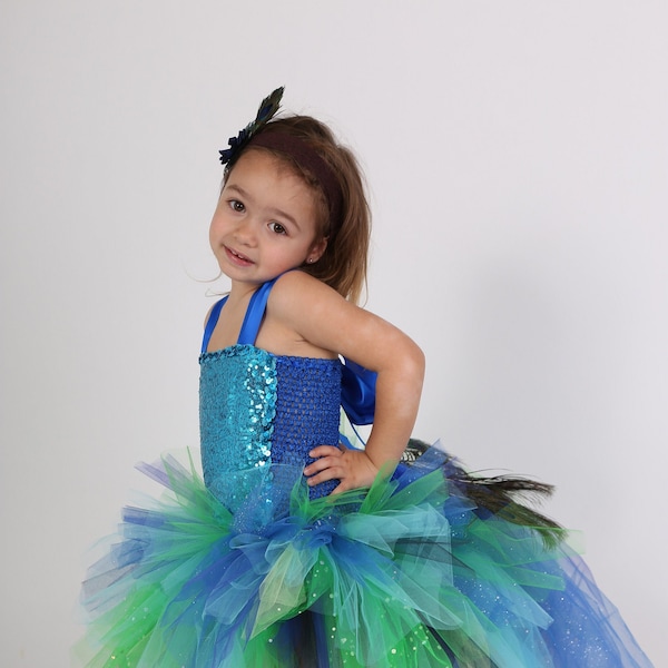 Déguisement enfant, robe tutu de paon  en tulle multicolore et tissu sequin, robe d'anniversaire, cadeau fille..