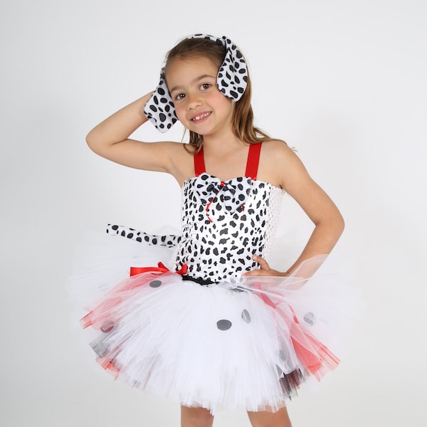 Déguisements enfant d'animaux, robe tutu de dalmatien en tulle et satin avec accessoires