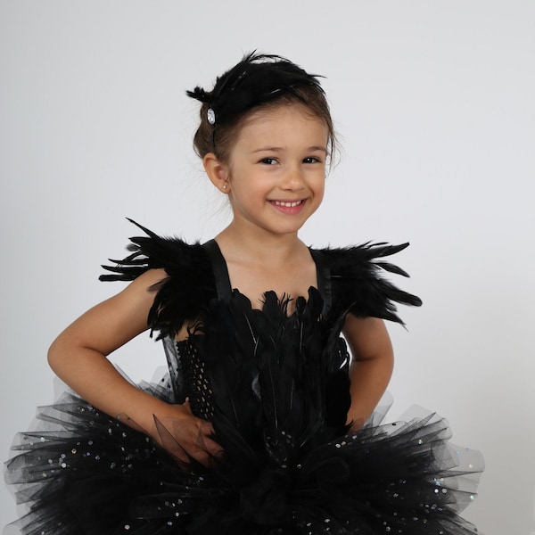 Robe tutu cygne noir, costume enfant en tulle et plumes noires