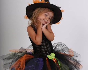 Witch tutu dress, girl and baby carnival costume, soft black tulle dress and stretch crochet bustier, Halloween, birthday.