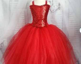 Robe tutu rouge de princesse en tulle et tissu sequin, un cadeau pour votre fille