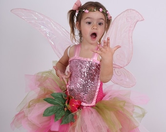 Robe tutu fée des bois, costume fille en tulle  rose et vert avec ailes de fée, cadeau anniversaire ou de Noël enfant