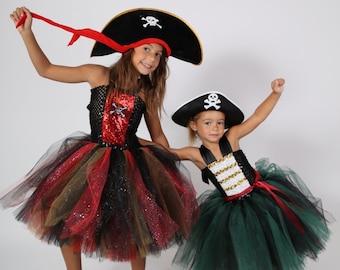 Déguisement fille de pirate, robe tutu enfant en tulle  noir et rouge