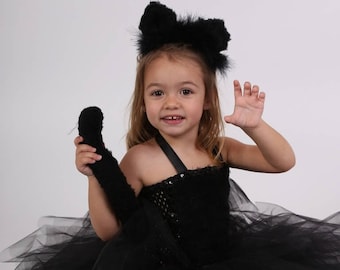 Kids costume, black panther costume, tulle and stretchy crochet bustier, Halloween girl costume, carnival, birthday, Christmas.