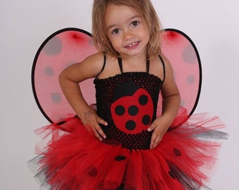 Robe tutu de coccinelle fille, déguisement enfant en tulle rouge et noir avec accessoire