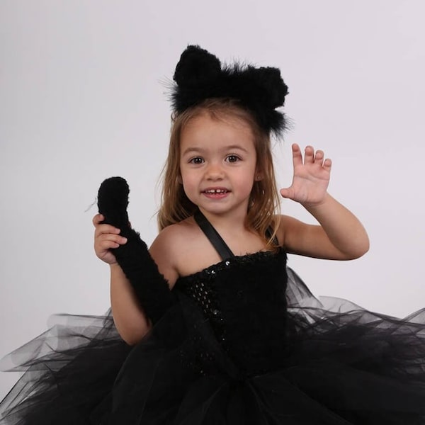 Déguisement enfant panthère noire, costume Halloween noir en tulle  et fourrure