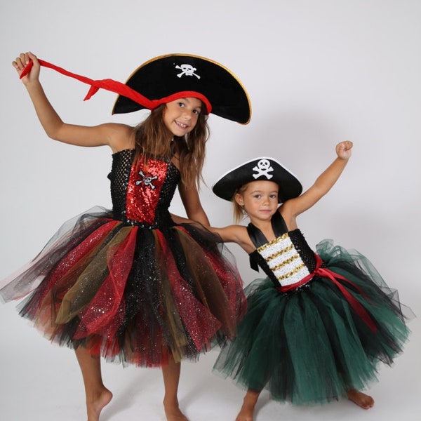 Déguisement fille de pirate, robe tutu enfant en tulle  noir et rouge