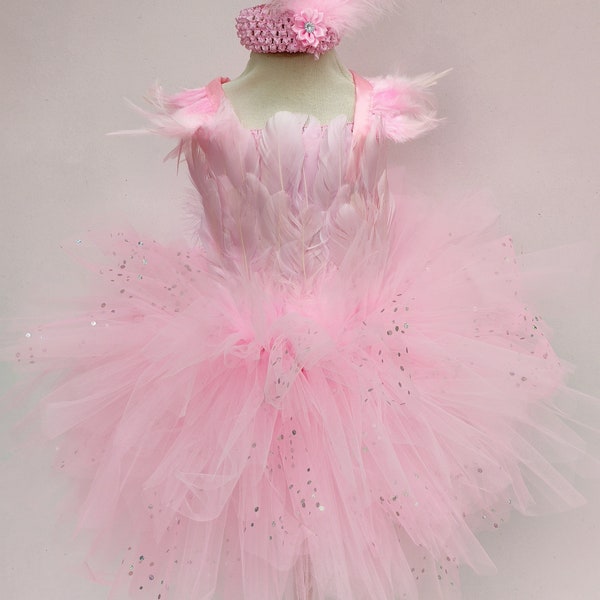 Pink flamingo costume, children's tutu dress, tulle and feather costume, birthday gift, Halloween or carnival costume for children.