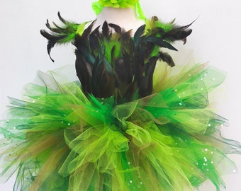 Abito tutù colibrì, costume da uccello bambino, tulle verde e piume sintetiche, Halloween, carnevale, compleanno in costume, regalo ragazza