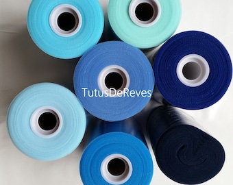 Tulle souple en rouleau ou à la coupe. 20/ 40/ 90 mètres. Plusieurs tons de bleus. Ideal pour la confection  de robes et de jupes tutu.