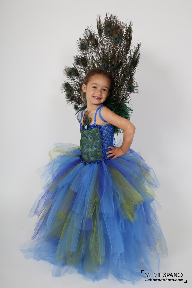 Une jeune fille porte un costume de paon. La robe présente un corsage bleu avec un motif de plumes de paon et une jupe en tulle bleue, verte et violette superposée. Un grand éventail de plumes de paon orne le dos.