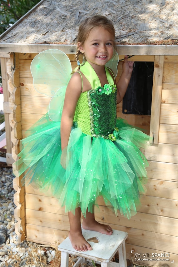 Robe tutu de fée verte enfant, déguisement avec ailes , cadeau enfant. Noël  -  France