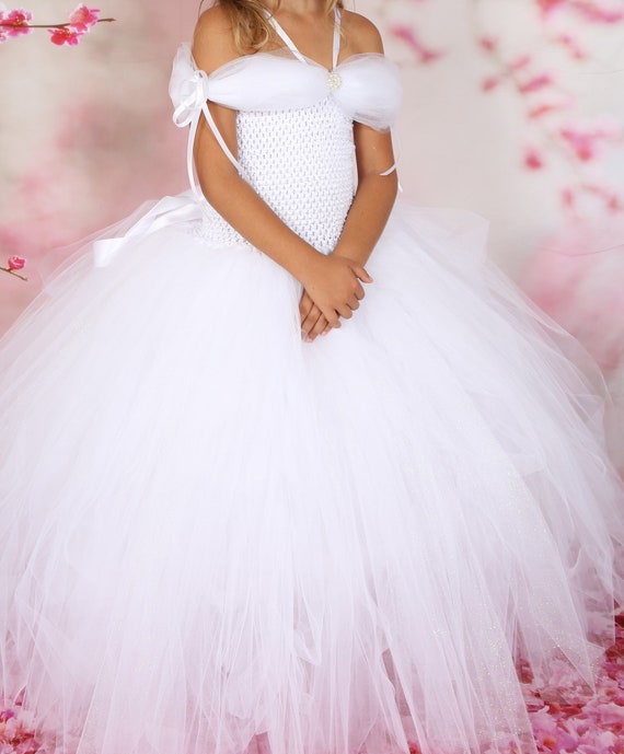 Robe Barbie Princesse en Tulle Scintillant avec Bustier en Satin Blanc et  Strass