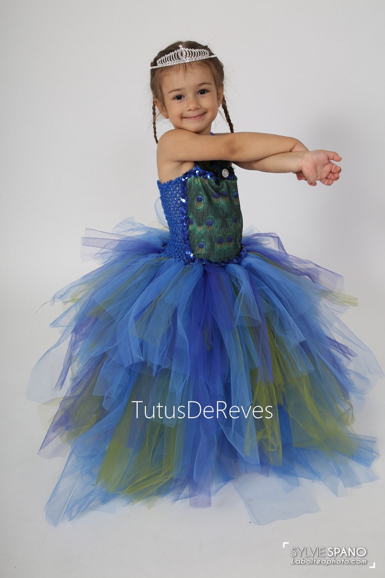 Une jeune fille porte un costume de paon. La robe présente un corsage bleu avec un motif de plumes de paon et une jupe en tulle bleue, verte et violette superposée. Un grand éventail de plumes de paon orne le dos.