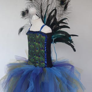costume de paon. La robe présente un corsage bleu avec un motif de plumes de paon et une jupe en tulle bleue, verte et violette superposée. Un grand éventail de plumes de paon orne le dos.
