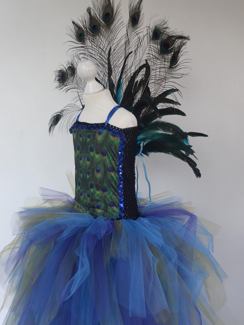 costume de paon. La robe présente un corsage bleu avec un motif de plumes de paon et une jupe en tulle bleue, verte et violette superposée. Un grand éventail de plumes de paon orne le dos.