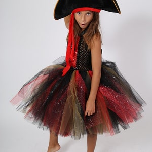 Déguisement fille de pirate, robe tutu enfant en tulle noir et rouge image 2