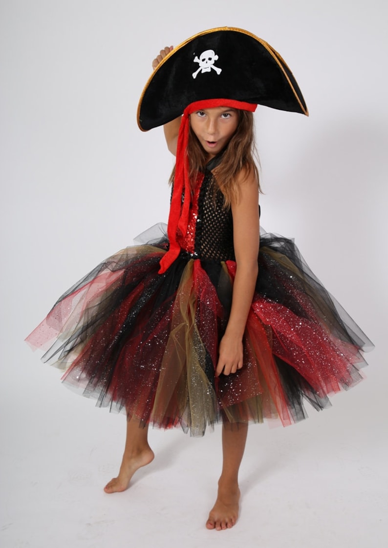 Déguisement fille de pirate, robe tutu enfant en tulle noir et rouge image 2