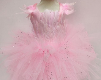 Flamingo costume, children's tutu dress, ages 1 to 8, tulle and feather costume, birthday gift, Halloween, carnival, show