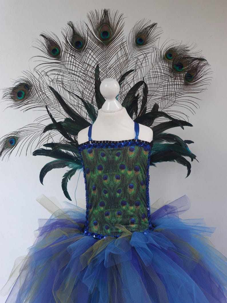 costume de paon. La robe présente un corsage bleu avec un motif de plumes de paon et une jupe en tulle bleue, verte et violette superposée. Un grand éventail de plumes de paon orne le dos.