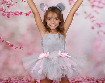 Déguisement enfant, robe tutu de petite  souris en tulle gris et rose avec fourrure, robe d'anniversaire, carnaval..