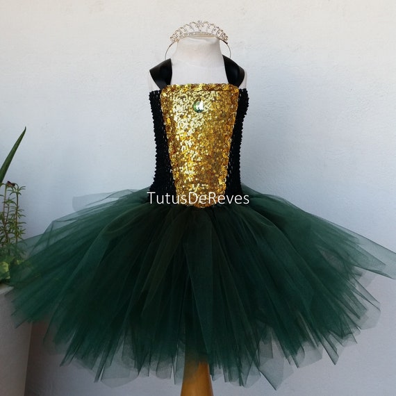 Déguisement enfant de princesse Rebelle, robe tutu longue en tulle vert et  bustier sequin doré -  France