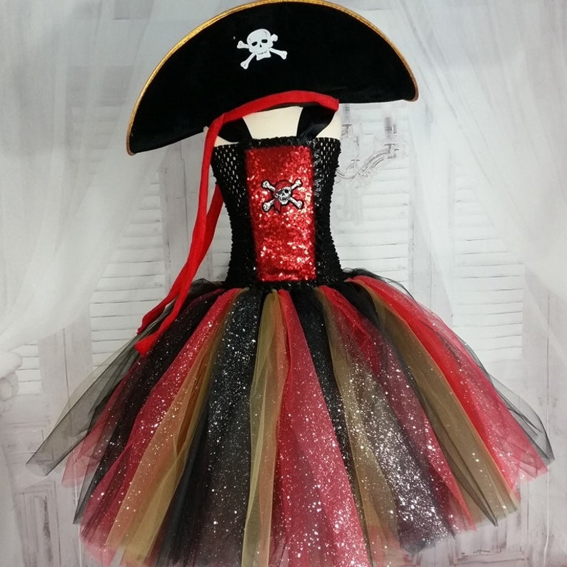 Déguisement fille de pirate, robe tutu enfant en tulle noir et rouge image 3