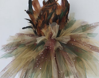 Bird costume for children, tutu dress in tulle and synthetic feathers, bird of prey tutu, Halloween costume, carnival, children's show.