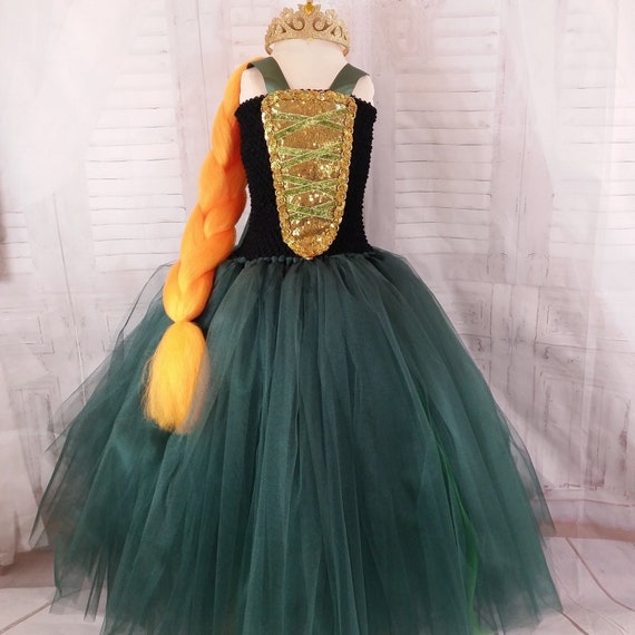 Déguisement enfant de princesse Rebelle, robe tutu longue en tulle vert et  bustier sequin doré -  France