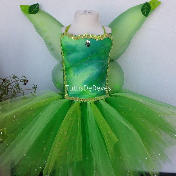 Vestido infantil de campanilla, disfraz de tul verde y alas de hadas