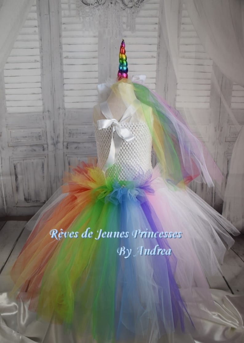 child costume lined dress tutu fairy tales Halloween Unicorn costume carnival Christmas. white and multicolored birthday