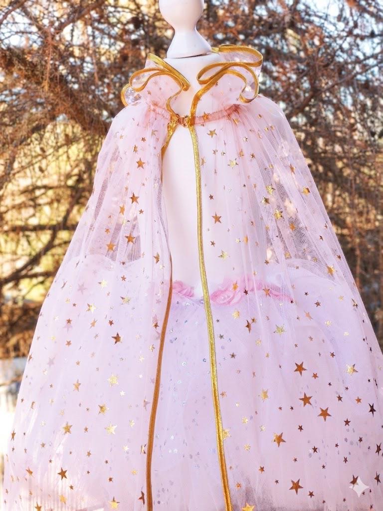Handmade fairy/princess cape for little girls, light pink veil, gold stars. Handmade, gift for children aged 3-6 years.
