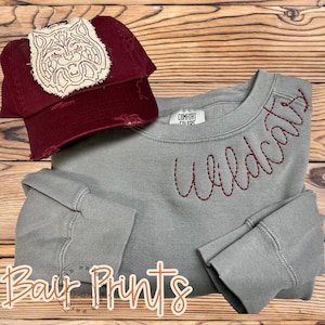 Embroidered Mascot Sweatshirt. Custom Embroider Sweatshirt. Wildcats Neckline Embroidery. Personalized School Mascot Shirt. Spirit Shirt