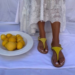 Ladies Flat Yellow Leather Suede Sandals