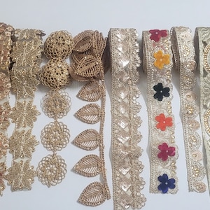 10 stuks sari-afval Indiaas roségoud, veelkleurige gouden zari-afwerkingen, kant, aantrekkelijke verschillende ontwerpen, Joblot-stofafwerkingen.   elke trim is 1 yard