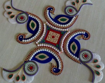 Diwali Decor Peacock Rangoli, Wedding decor, Wedding Return Gift, Mandala, Kolam, Reception Table center Piece Colorful Floor Rangoli