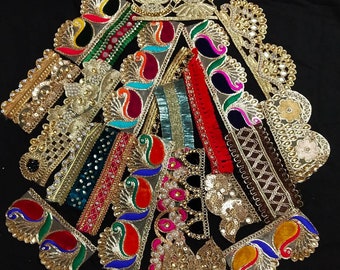 25 pc saree scrap Indian colorful and golden zari Trims lace attractive different designs Joblot Fabric Trims