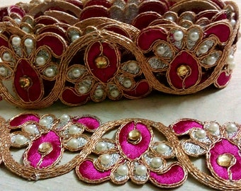 Gold and dark pink Tassel Indian Trim Bridal Wear Beautiful Ribbon 1.5 inches  wide Ethnic Sewing Craft Wedding Saree Border by 1 yard