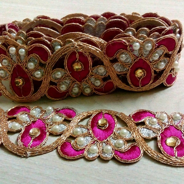 Gold and dark pink Tassel Indian Trim Bridal Wear Beautiful Ribbon 1.5 inches  wide Ethnic Sewing Craft Wedding Saree Border by 1 yard