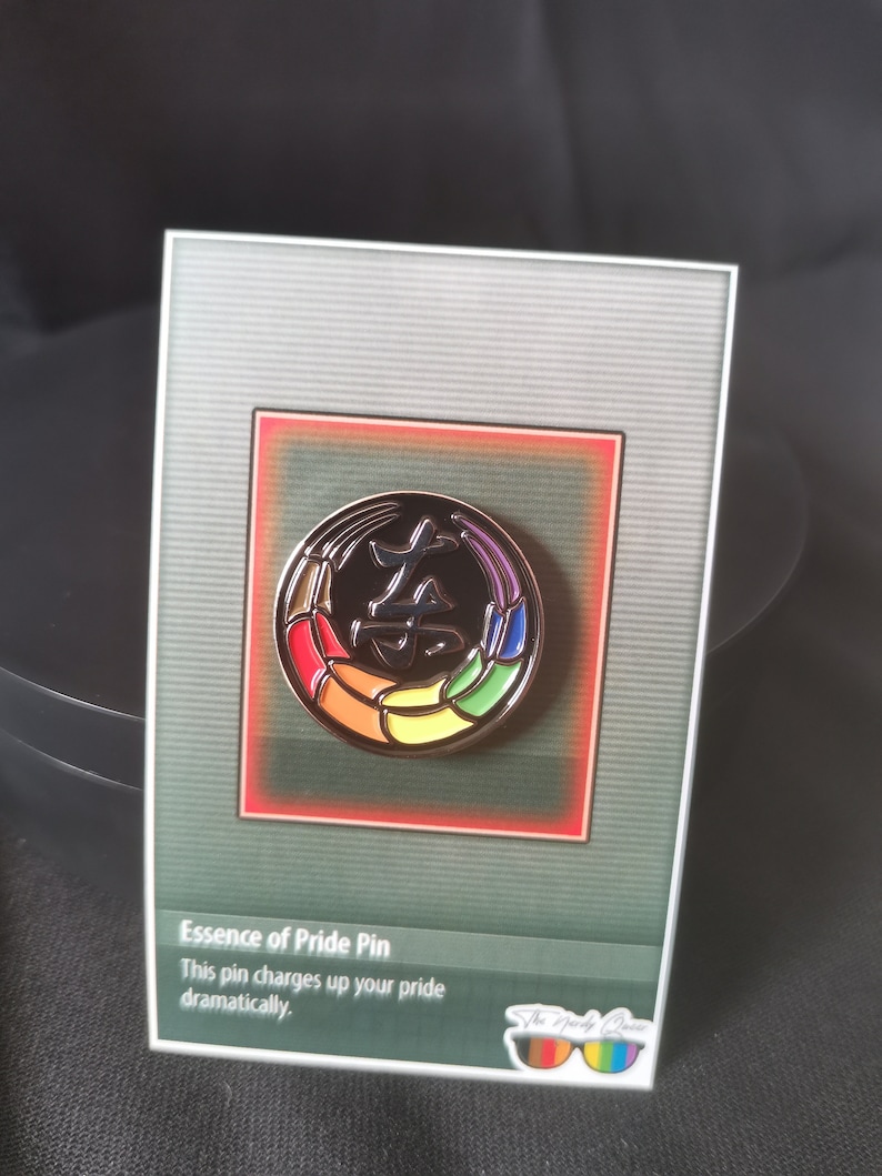 Toji Clan inspired pride enamel pins on an essence of pride NerdyQueer backing card.