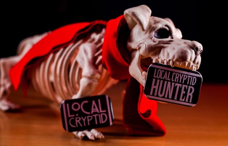 Local Cryptid Hunter and Local Cryptid badges being held against a skeleton model.