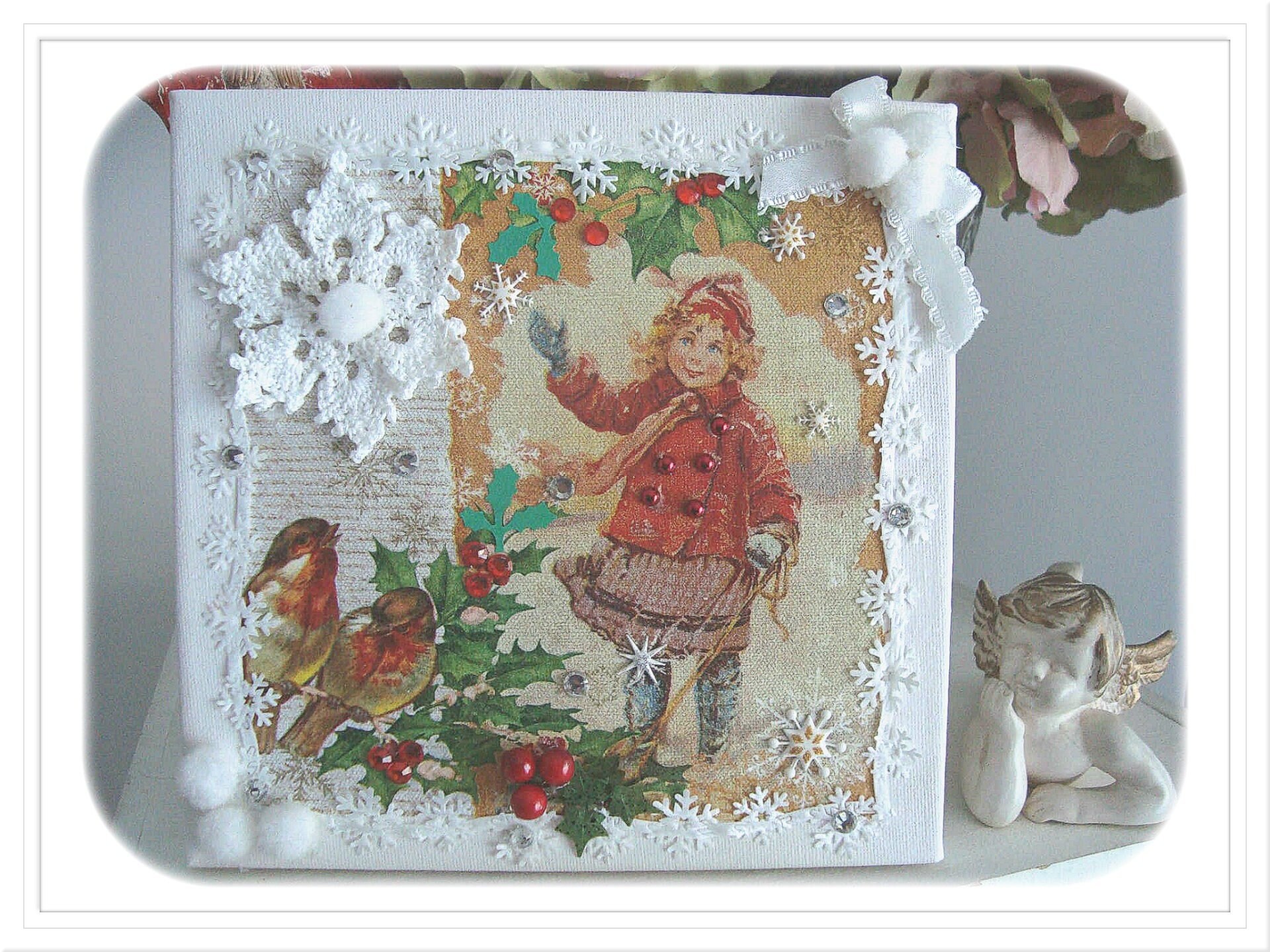 Tableau de Style Vintage Fillette Jouant Sous La Neige 