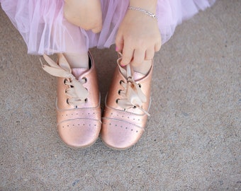 AUGGIE shimmer rose gold unisex oxford, ribbon or regular lace option - hard sole || ready to ship ||